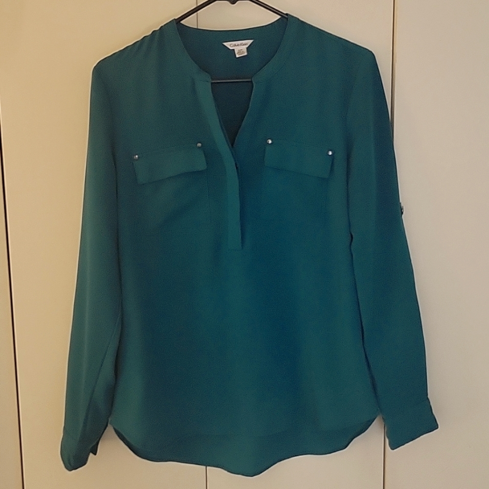 Calvin Klein Teal Long-Sleeve V-Neck Blouse